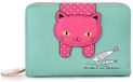 TRANKIELO® - Chat mignon - Portefeuille compact à double fermeture éclair - Mini portefeuille en cuir - Vert clair