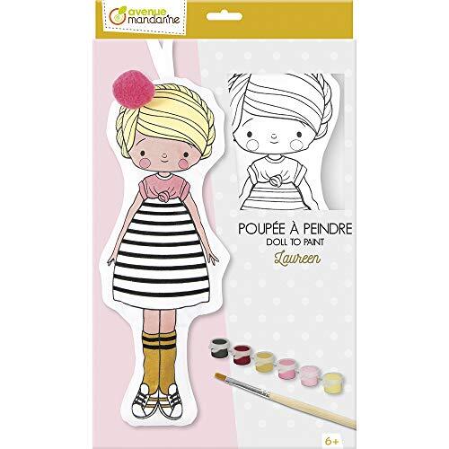 Avenue Mandarine - Pop om te beschilderen, Laureen – 1 stoffen pop (hoogte 29 cm) + 6 acrylverf + 1 penseel + 1 pompon om op te plakken – creatieve set vanaf 6 jaar – PP039C