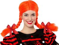 Atosa Verkleedpruik Dames Pippie - Oranje - Met lange vlechtjes - Lang haar