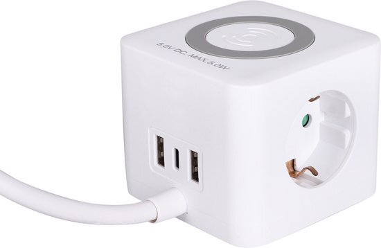 Q-Link Stekkerdoos met Wireless Charger – Powercube met USB – Stekkerblok Kubus – Wit