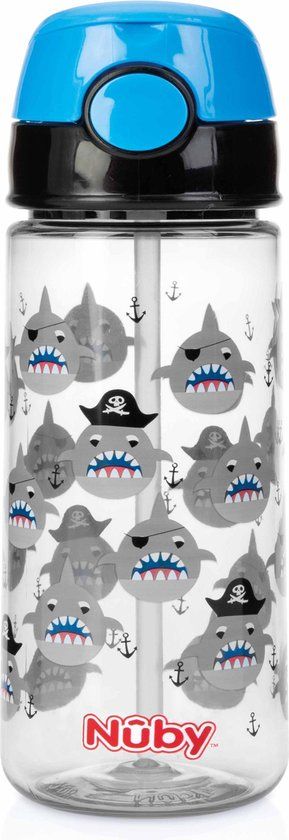 Nûby - Beker met Zacht Rietje en Drukknop - 530ml - Blauw - Haaien