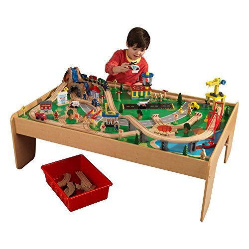 KidKraft 17850 Waterfall Mountain houten treinbaanset met tafel voor kinderen, spoorwegactiviteitenset inclusief accessoires (120 stuks)