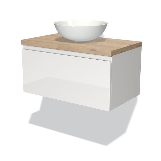 Maxaro Badkamermeubel voor Waskom 80cm Modulo Plato Hoogglans Wit 1 Lade Greeploos Lichtbruin Eiken Blad