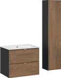 Meuble de salle de bain 60 cm avec lavabo, finition blanc brillant, colonne aspect chêne noir