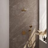 Brauer Gold Edition Thermostatische Regendoucheset Inbouw - Hoofddouche 20 cm - Gebogen Wandarm - 3 Weg - Handdouche Rond 3 Standen - Doucheslang - Wandaansluitbocht - Geborsteld Goud
