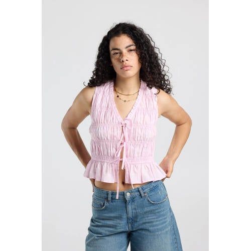 America Today Top met Peplum en Smockwerk - Lichtroze