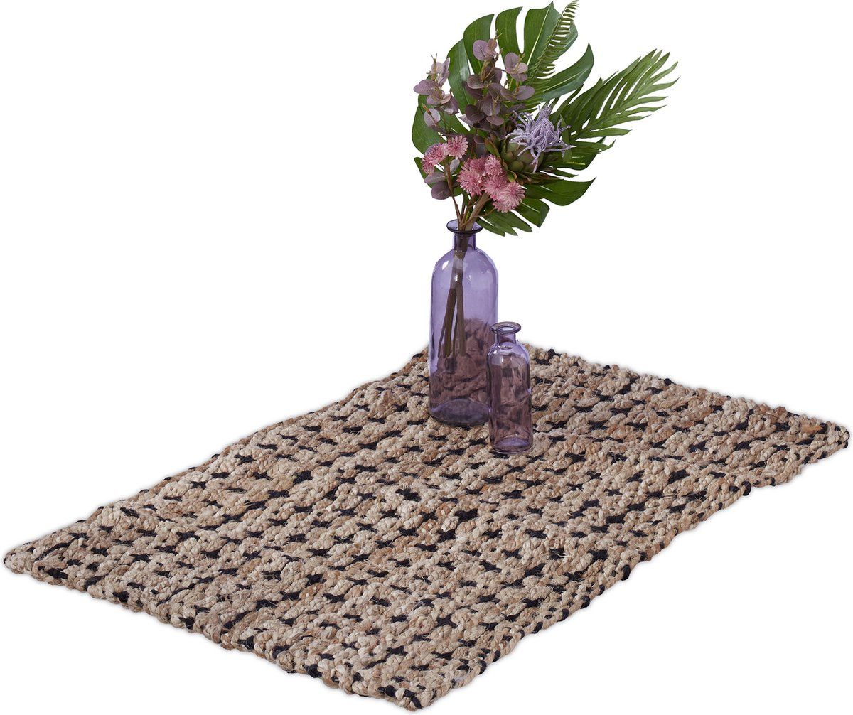 Relaxdays vloerkleed jute - 60 x 90 cm - beige/zwart