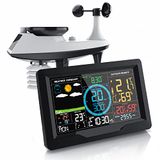 Brandson - Draadloos weerstation met 5-in-1 buitensensor, led-kleurendisplay, DCF, thermometer, hygrometer, barometer, windmeter en regensensor, zonnepaneel, weerswaarschuwing, weersvoorspelling