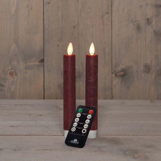 Anna's Collection LED-dinerkaars met vlam effect rustiek 18 cm bordeaux 2 stuks
