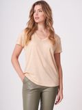 REPEAT cashmere Basic puur linnen V-hals T-shirt met borstzakje