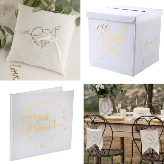 5-delige bruidsset Just Married wit met goud - gastenboek, moneybox, ringkussen en stoeldecoraties