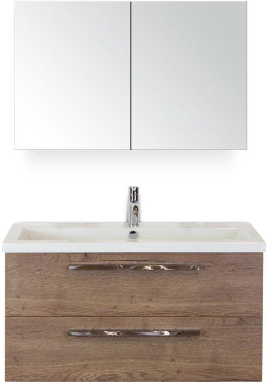 BES LED Seville Badmeubelset 100 cm - Tabacco - Wastafel Djazz 1 Kraangat met Spiegelkast