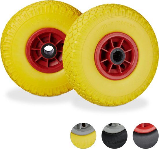 Relaxdays Steekwagenwiel 2 Stuks - 25 mm - Kunststof Velg - Anti Lek Band - 3.00-4 Inch Geel-Rood