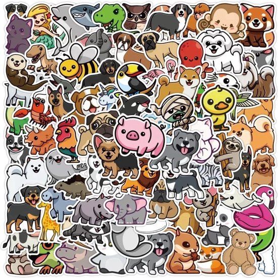 100 Stks Dierenstickers - Voor School, Fiets, Laptop, Kamer, etc - Varken, Eend, Hond, Kat, Paard, Aap, Dolfijn, Beer, etc - Bundel/Set