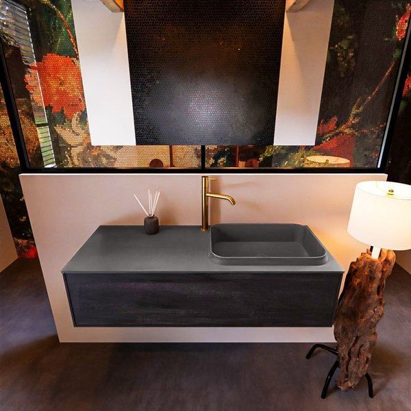 Mondiaz ERIN 120cm badmeubelset Dark brown met 1 lade + Wastafel RIDGE rechts Dark grey