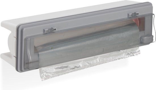 Merkloos Relaxdays foliehouder keuken, foliesnijder voor vershoud- en aluminiumfolie, foliedispenser lade & muur, grijs/wit