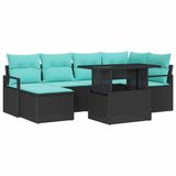 vidaXL Tuinbank Set Zwart en Blauw Polyrattan