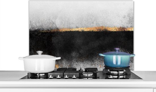 KitchenYeah Keuken Spatscherm - Marmer Print - Goud - Zwart - 80x55 cm