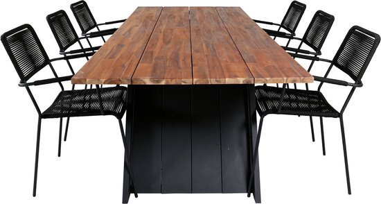 Hioshop Doory tuinmeubelset tafel 100x250cm en 6 stoel armleuning Lindos zwart, naturel.