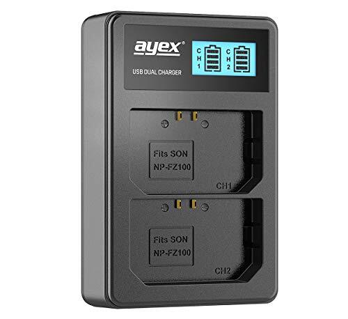 ayex Dual USB-oplader voor Sony Li-Ion batterijen type NP-FZ100 - opladen via USB-stekker, laptop, powerbank of PC - LCD-display met laadniveau-indicator