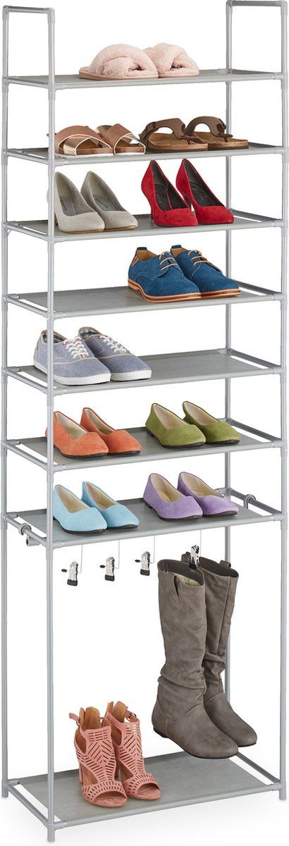 Relaxdays schoenenrek 8 etages - open schoenenkast staal - schoenen opbergrek laarzen - grijs
