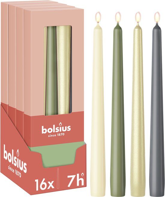 Bolsius Dinerkaarsen Set - 16 stuks - Nature - Metallic zilver - Ivoor - Groen - Grijs - 7 Branduren