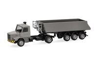 Herpa vrachtwagenmodel Mercedes-Benz Scania torpedotrekker met kipperoplegger, grijs/geel, miniatuur op schaal 1:87, verzamelmodel, Made in Germany, kunststof
