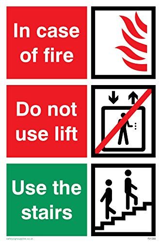 Viking Signs FV1350-A4P-V "In geval van brand; Gebruik geen lift; Gebruik de trap" teken, Vinyl, 300 mm H x 200 mm W