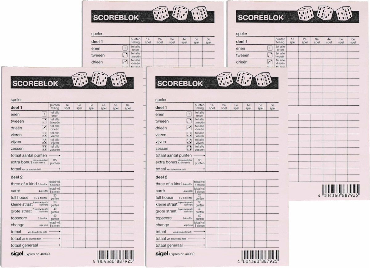 Sigel 4x Scoreblokken Yahtzee 100 vellen - Familiespellen - Dobbelspellen - Dobbelspel - Scoreblokken/scorekaarten - Score notitieblok