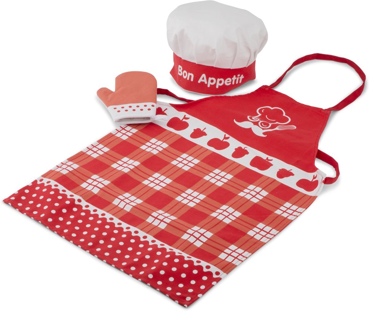 New Classic Toys - Keuken Schort - Rood - Inclusief Ovenwant en Kookmuts