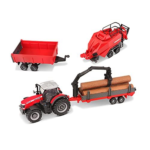 Bburago B18-31668 Massey Ferguson 8740S Farm Tractor met 3 aanhangwagens, diverse designs en kleuren