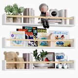BAKAJI Set van 3 houten wandplanken, multifunctionele wandplanken en beschermlijst, rek voor slaapkamer, woonkamer, keuken, ruimtebesparende boekenkast, 3 x 60 cm (wit en eiken)