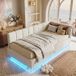 Lit Coffre Simple 90x200 cm Flanelle Crème - Avec LED et Port USB Tête de Lit Rembourrée - Rangement Intégré - Cadre de Lit Suspendu - Scandinave