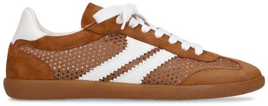 Manfield - Dames - Cognac suède sneakers met mesh details - Maat 42