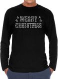 Bellatio Decorations Glitter kerst longsleeve shirt zwart Merry Christmas glitter steentjes/ rhinestones voor heren - Shirts met lange mouwen - Glitter kerst shirt/ outfit M
