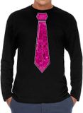 Bellatio Decorations Verkleed shirt heren - pailletten stropdas - roze/zwart - XL