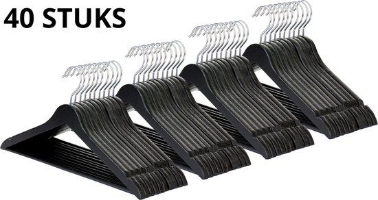 Wicotex - Set 40 Zwarte Houten Kledinghangers met Rok- en Broekinkepingen - Draaibare Haak