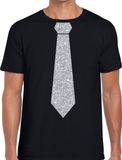 Bellatio Decorations Carnaval verkleed t-shirt - met zilveren glitter stropdas - zwart - voor heren - disco - glamour XL