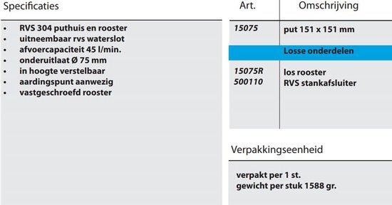 Berg van den RVS vloerput horizontaal of verticaal aansluitbaar en 360° draaibaar 15x15cm in hoogte verstelbaar 22915