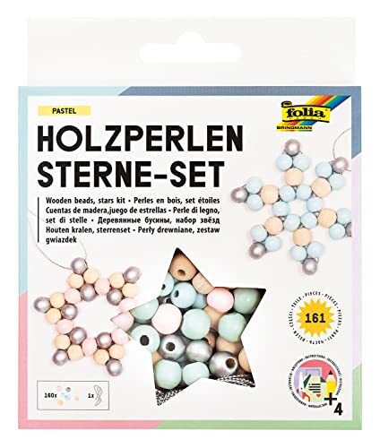 Folia 22522 22522 Houten kralenset pastel, knutselset met 160 houten ballen en een gouden koord om te rijgen, voor het knutselen van sterren en hangers, meerkleurig