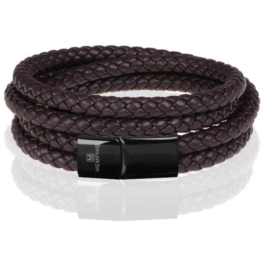 Memphis Dubbele Wrap Armband Leer Bruin Zwart - 23cm