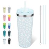 BJPKPK 650 ml beker met deksel en stro roestvrij staal reizen koffiemok geïsoleerde bekers cups, lichtblauw luipaard