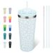 BJPKPK 650 ml beker met deksel en stro roestvrij staal reizen koffiemok geïsoleerde bekers cups, lichtblauw luipaard