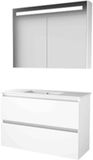 Basic Line Premium 39 Badkamermeubelset - Ondiep - 100 x 39 cm - Greeploos - 2 Lades - Keramische Wastafel - 1 Kraangat - Spiegelkast met LED Verlichting - Ice White