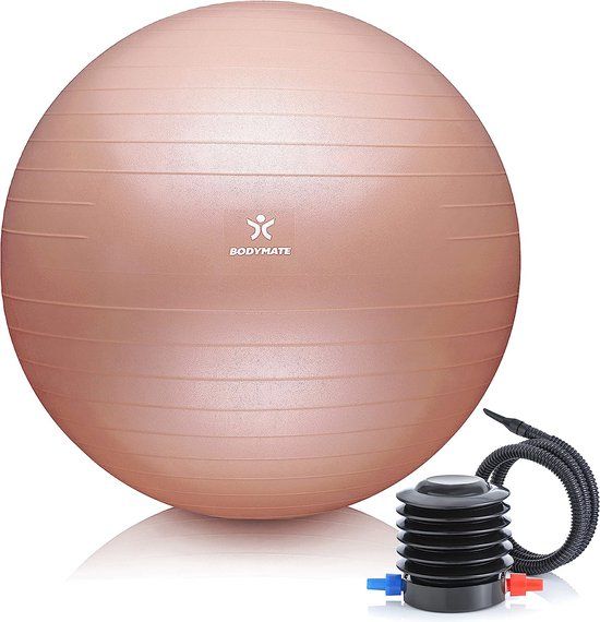 BODYMATE Gymnastiekbal, zitbal, trainingsbal luchtpomp, bal voor fitness, yoga, gymnastiek, core training, voor sterke rug als bureaustoel, peperrood, 65 cm, RoseGoud