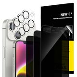 NEW'C Privacy Screen Protector voor iPhone 14 Plus + Camera Protector | 6 Stuks, 3x screenprotectors + 3x camera protectors, Zwart, Privacy 28°, Gehard Glas, 9H Hardheid, Krasbestendig