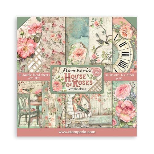 STAMPERIA SBBL66 Papierblok 10 vellen 30,5 x 30,5 (12" x 12") dubbelzijdig House of Roses, meerkleurig