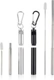 Sans marque Pailles télescopiques réutilisables en acier inoxydable avec tire-bouchon et brosse - Blanc et Noir