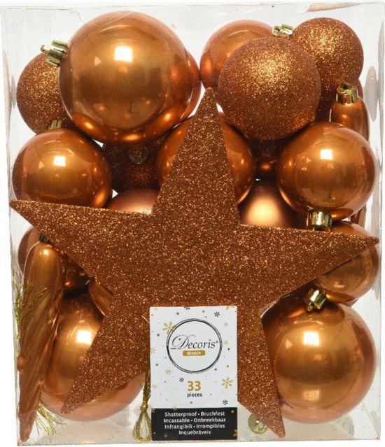Decoris 33x Cognac Bruine Kerstballen - 5-6-8 cm - Kunststof - Mix - Incl. Ster Piek