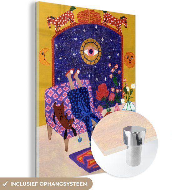 MuchoWow® Glass Painting 90x120 cm - Acrylic Glass Painting - Women - Psychedelic - Hippie - Photo on Glass - Paintings